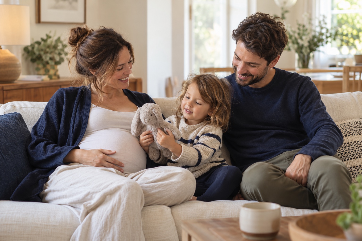 Two parents and their preschool-age child sharing a stuffed toy while preparing for a new baby.