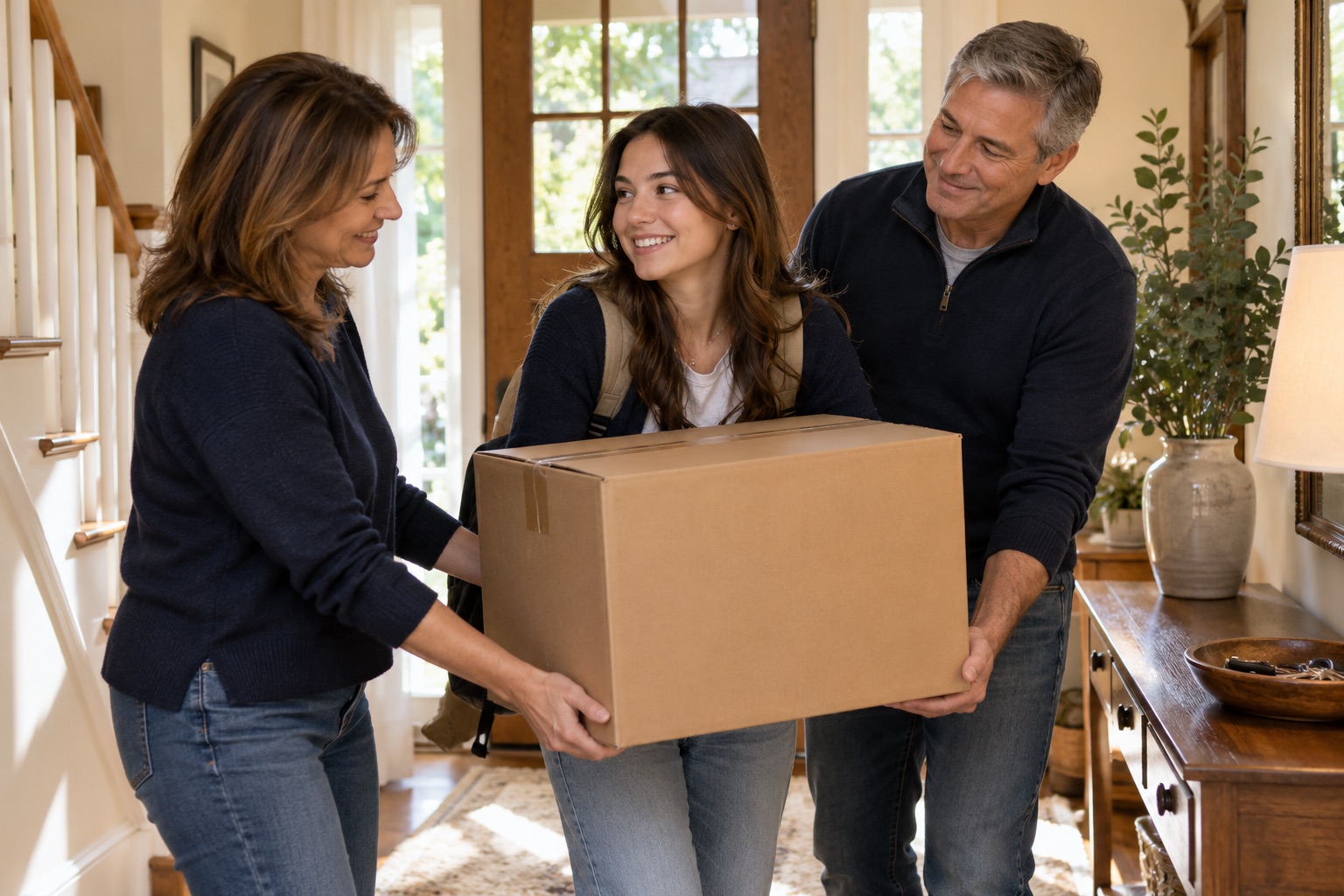 Parents helping their young adult daughter with a moving box as she prepares to leave home.