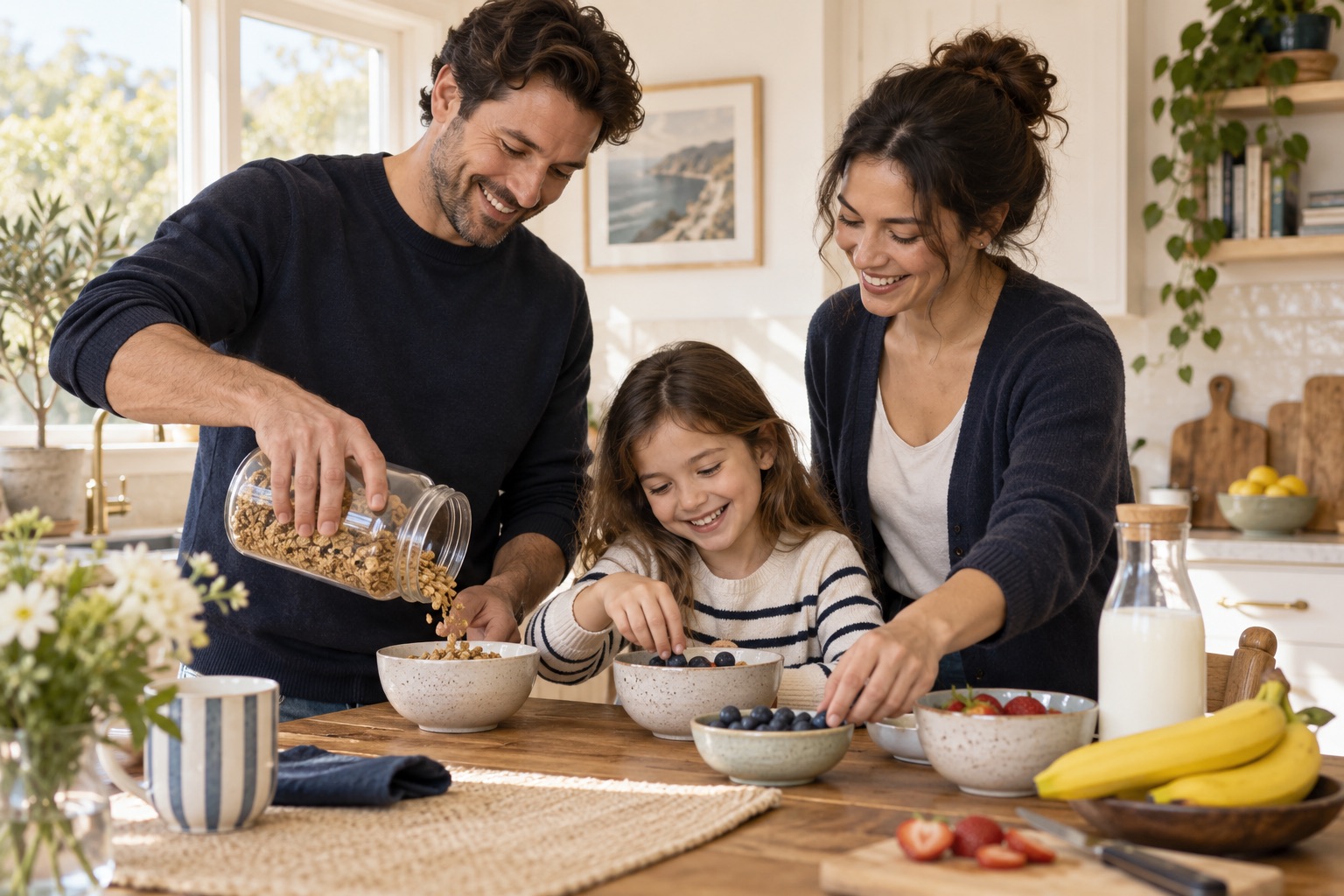 Two parents and their child preparing breakfast together.