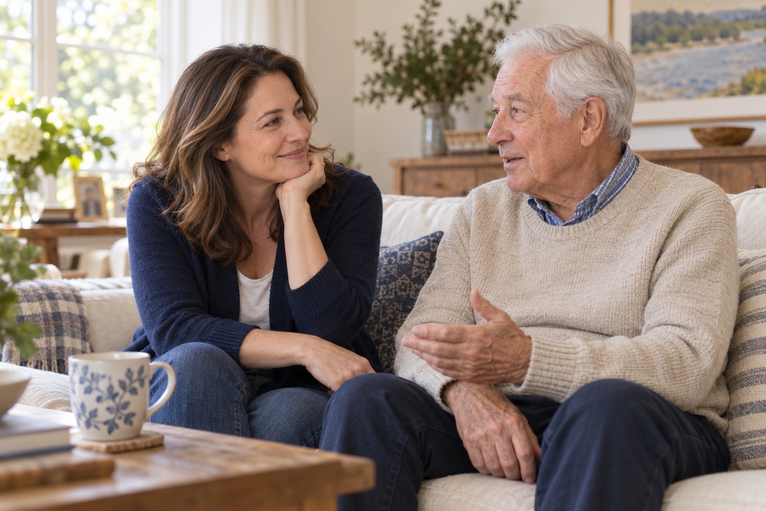 An adult daughter listening to her father during a relaxed conversation at home.